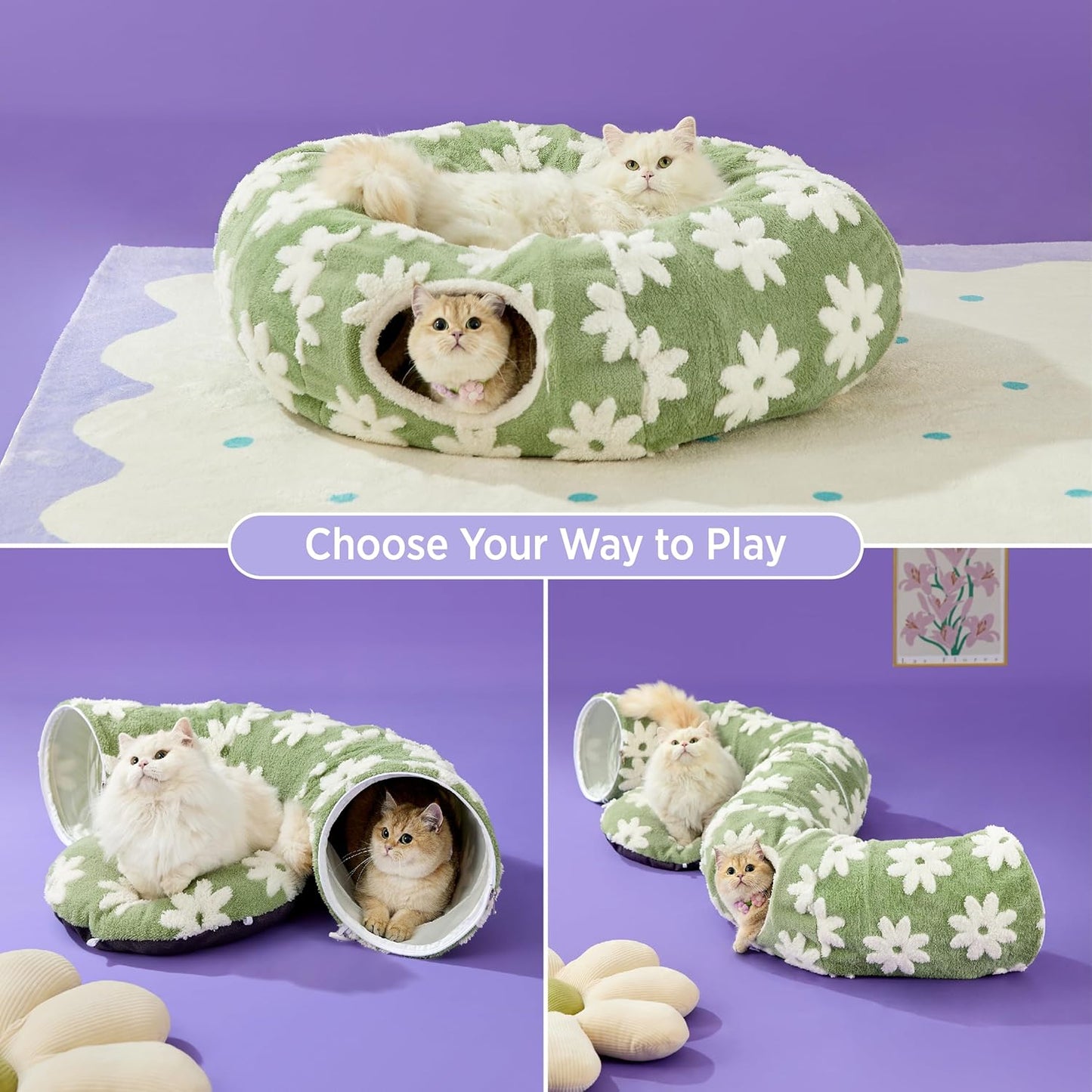 Lesure Cat Tunnel Bed for Indoor Cats - Cute Cat Donut Tunnel Toys for Small Large Cats with Washable Circle Cushion, Round Pet Peekaboo Cave Toy for Kitten/Puppy/Rabbit, Standard Green