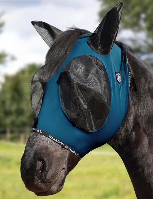 Harrison Howard Horse Fly Mask with Forelock Opening Stretch Breathable and Comfortable for Horses UV -Protection Peacock Blue L