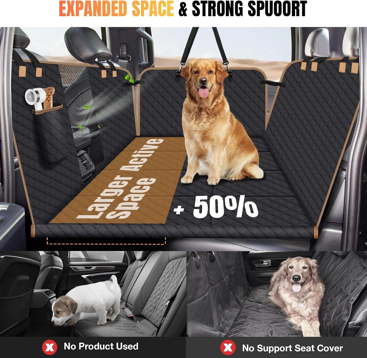 Dog Car Seat Cover for Back Seat, Dog Car Bed Cover with Strong Hard Bottom, Car Back Seat Extender Hammock for Car SUV Truck,4 Panels Black Large Size