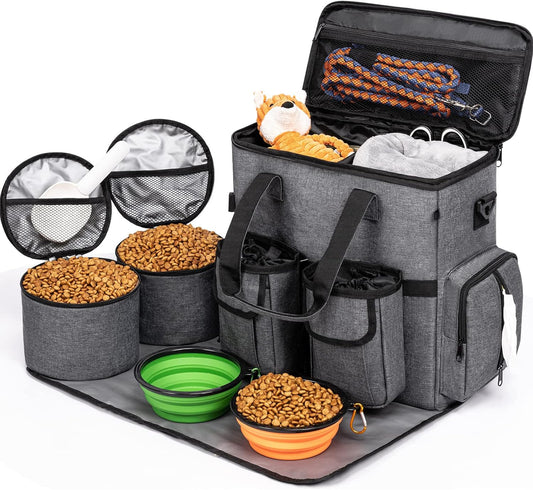 Modoker Dog Travel Bag Backpack, Airline Approved Pet Accessories Organizer for Dog and Cat with Shoulder Strap, 2 Dog Food Storage Containers, 2 Collapsible Dog Bowls,1 Pet Mat, Rose Red