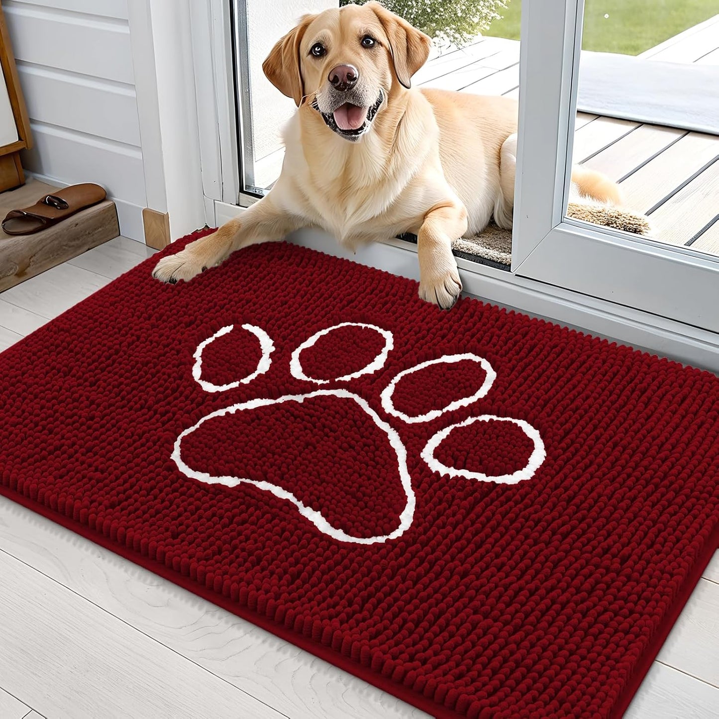 OLANLY Door Mat for Muddy Dog Paws 36x24, Ultra Absorbent Chenille Mud Doormat with Paw Print Design, Non-Slip Washable Doormat for Indoor Entryway, Quick-Dry Pet Bed Mats for Dirty Dogs, Red