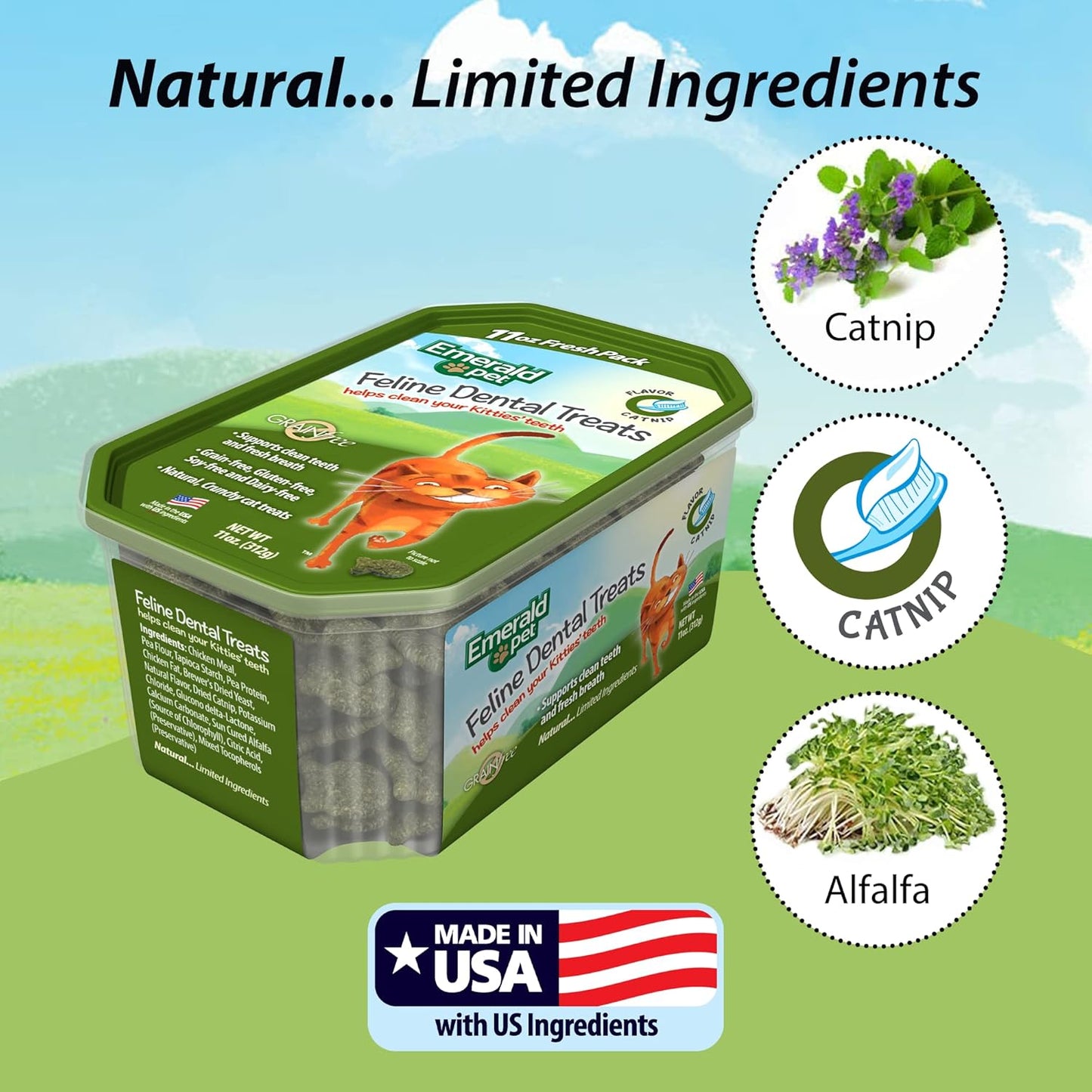 Feline Dental Treats — Tasty and Crunchy Cat Dental Treats Grain Free — Natural Dental Treats to Clean Cat Teeth, Freshen Cat Breath, and Reduce Plaque and Tartar Buildup — Catnip Treats, 11 oz