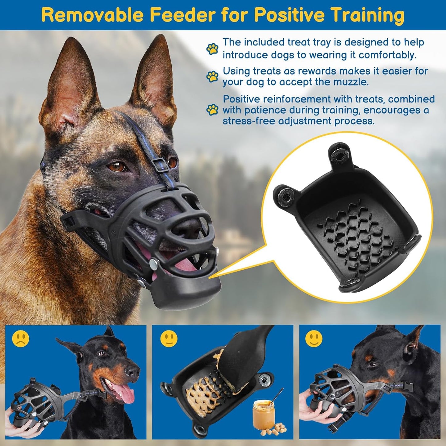 BARKLESS Basket Muzzle for Large Dogs, Humane Muzzle to Prevent Biting and Scavenging, Snap-on Treat Cover Helps Dogs Acclimatize Mouth Cover, Adjustable Mouth Guard for Positive Training, Grooming