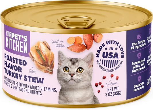 YOUR PET'S KITCHEN Canned Wet Cat Food, Roasted Flavor Turkey Stew - 3 oz Cans (Pack of 24), Made in The USA with Real Turkey