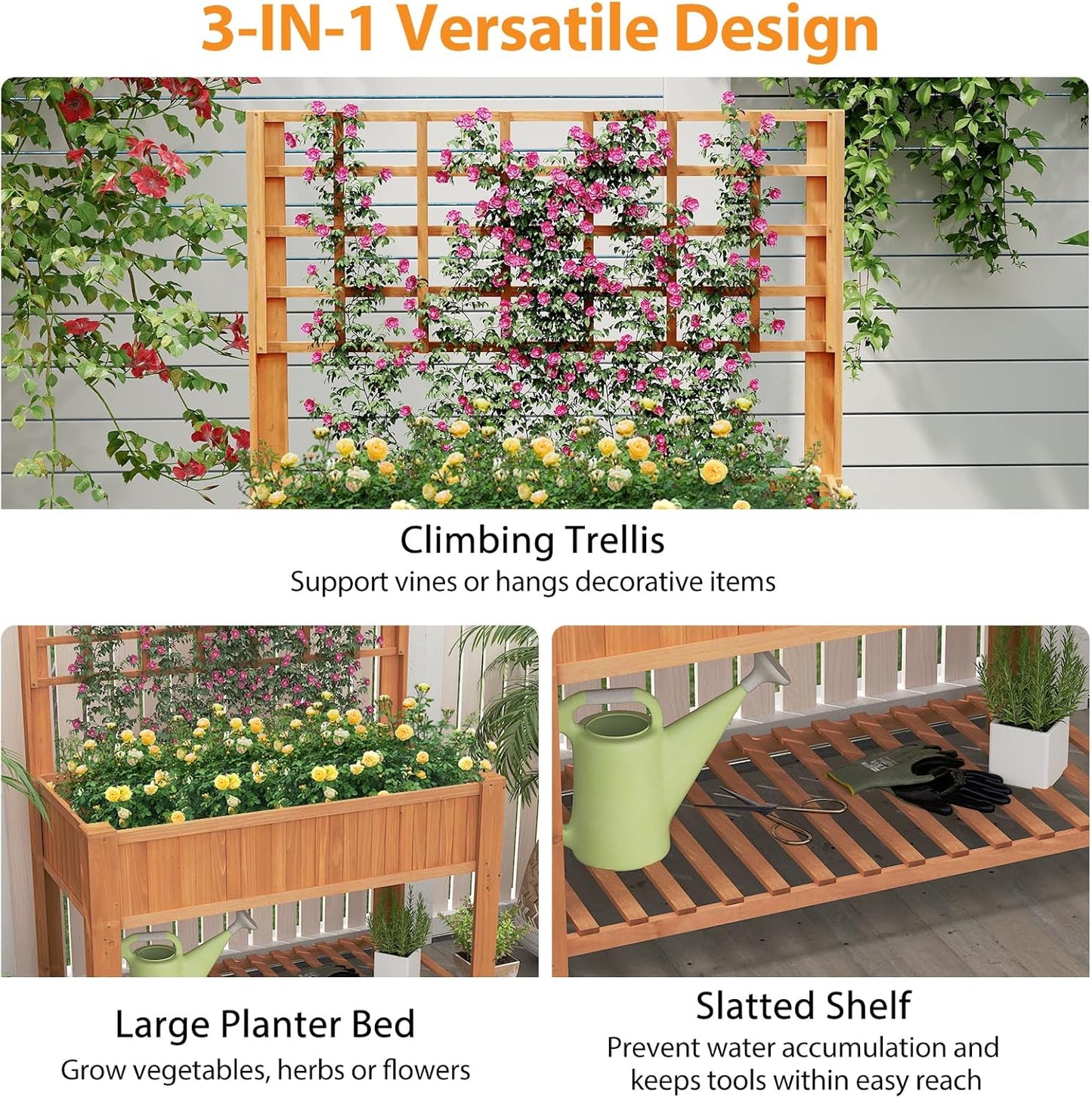 Giantex Raised Garden Bed with Trellis, Wooden Elevated Planter Box with Legs, Drainage Holes for Climbing Plants Vines Vegetables Flowers Herbs, Outdoor Horticulture Planter for Patio Yard (Brown)