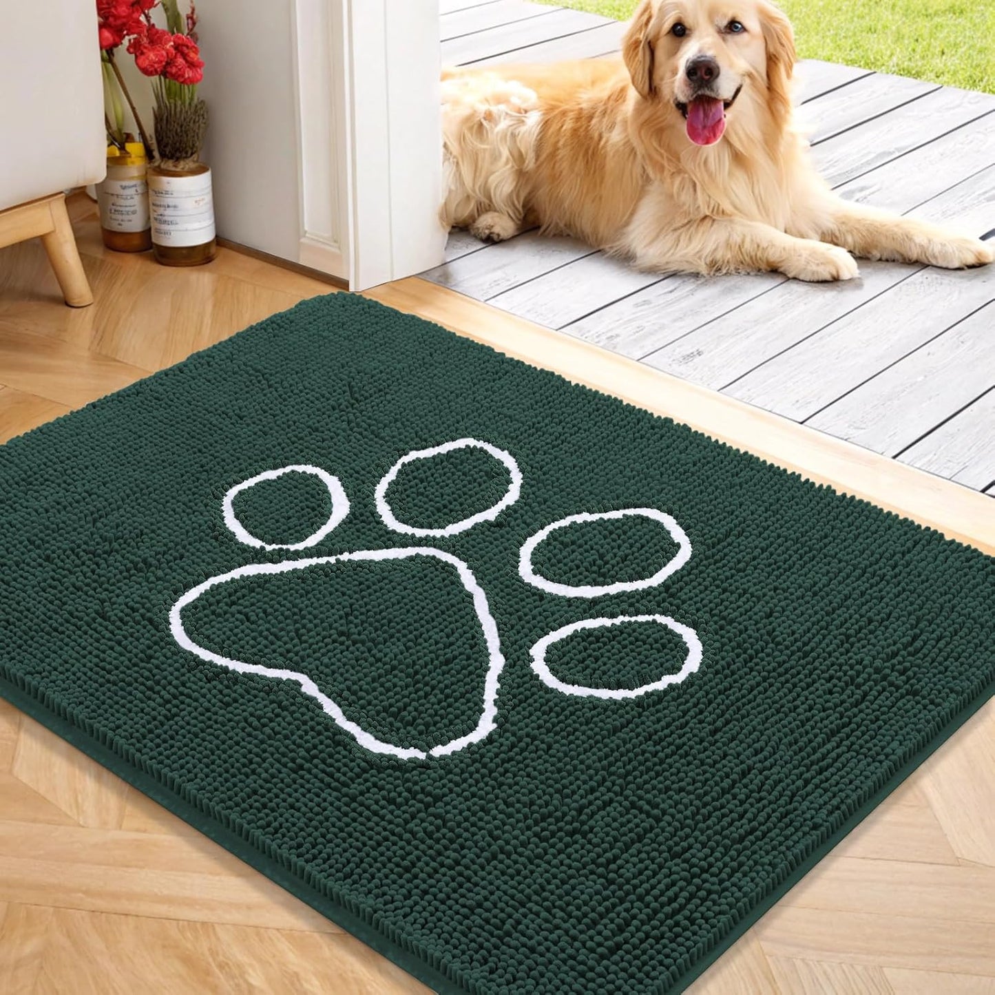OLANLY Door Mat for Muddy Dog Paws 40x32, Absorbent Chenille Mud Doormat with Paw Print Design, Non-Slip Washable Doormat for Indoor Entryway, Quick-Dry Pet Bed Mats for Dirty Dogs, Blackish Green