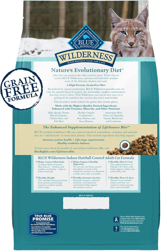 Blue Buffalo Wilderness High-Protein, Grain-Free Natural Dry Food for Adult Cats, Indoor Hairball Control, Chicken, 11-lb. Bag