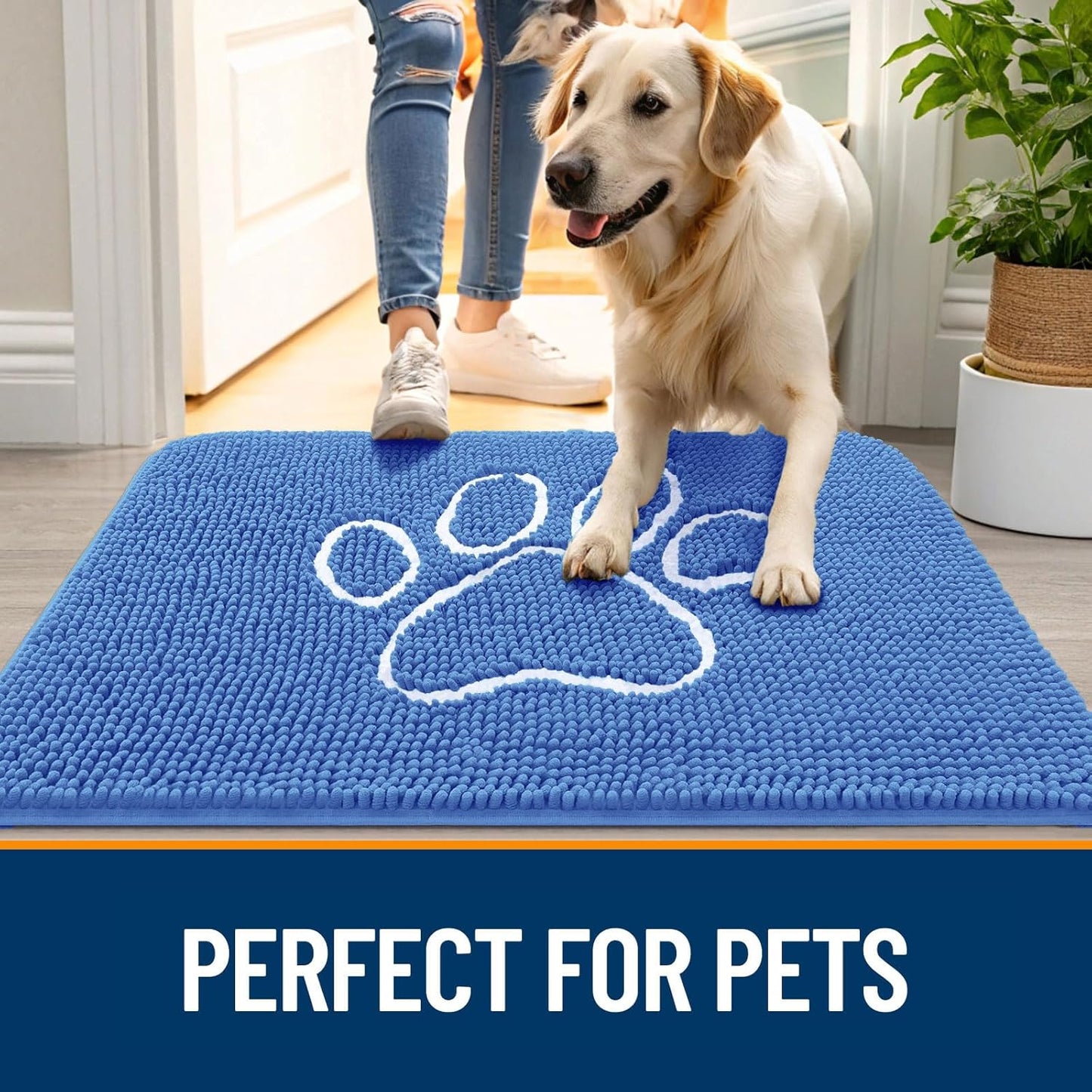 OLANLY Door Mat for Muddy Dog Paws 36x24, Absorbent Chenille Mud Doormat with Paw Print Design, Non-Slip Washable Doormat for Indoor Entryway, Quick-Dry Pet Bed Mats for Dirty Dogs, Cornflower Blue