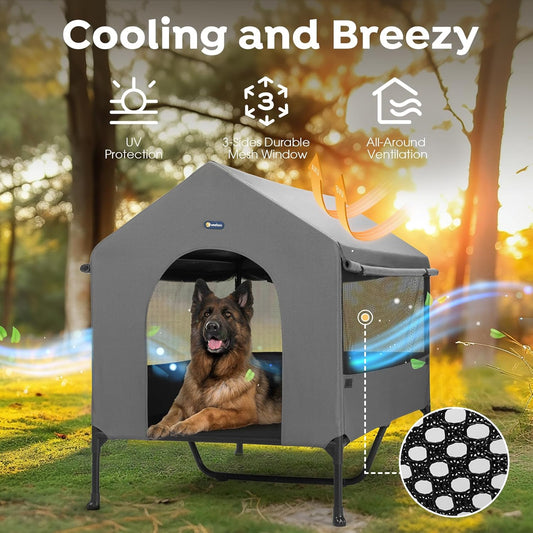 Veehoo 47" Dog House, 2-in-1 X-Large Dog House Outdoor Indoor Weatherproof, Outside Elevated Dog Cot Bed Dog Tent Shade, Three-Sided Breathable Mesh Windows and Sunshades, CWC2435CP