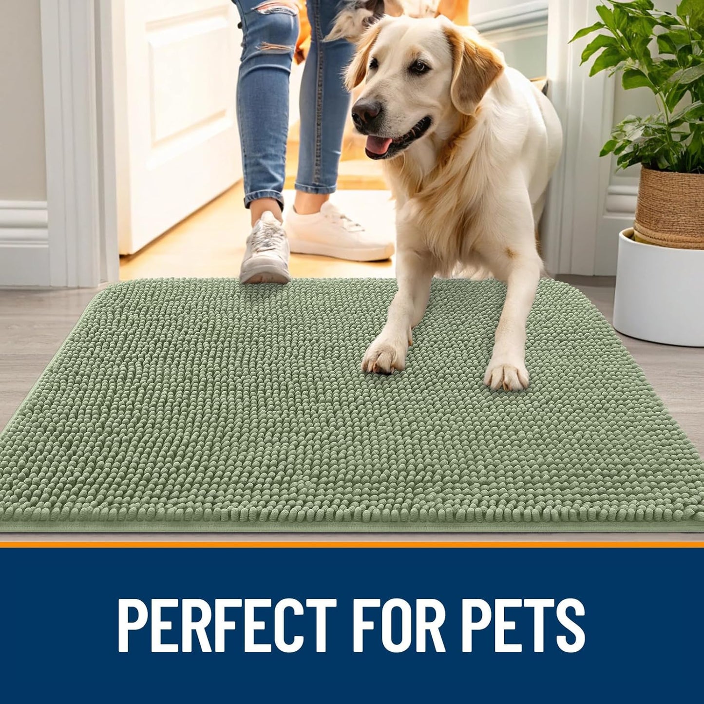 OLANLY Dog Door Mat for Muddy Paws 40x32, Absorbs Moisture and Dirt, Absorbent Non-Slip Washable Doormat, Quick Dry Chenille Mud Mat for Dogs, Entry Indoor Entryway Carpet for Inside Floor, Sage Green