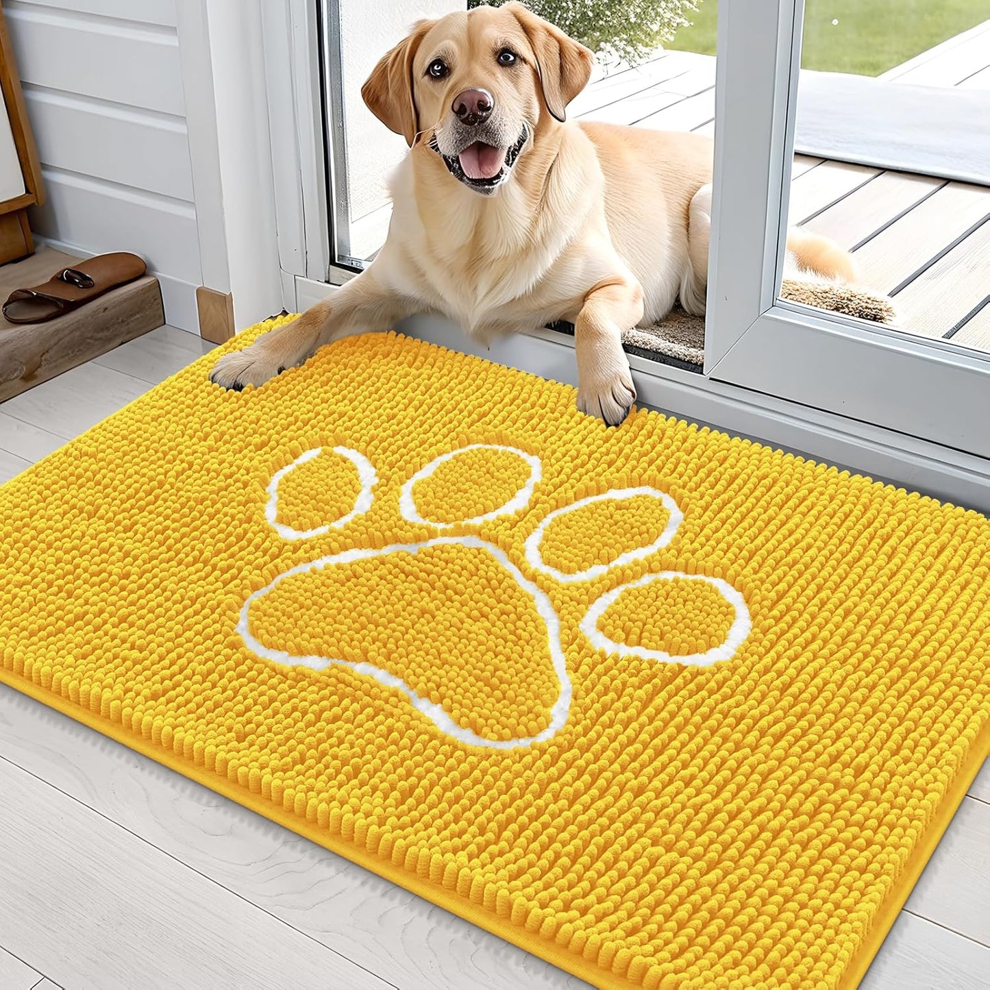 OLANLY Door Mat for Muddy Dog Paws 36x24, Ultra Absorbent Chenille Mud Doormat with Paw Print Design, Non-Slip Washable Doormat for Indoor Entryway, Quick-Dry Pet Bed Mats for Dirty Dogs, Yellow