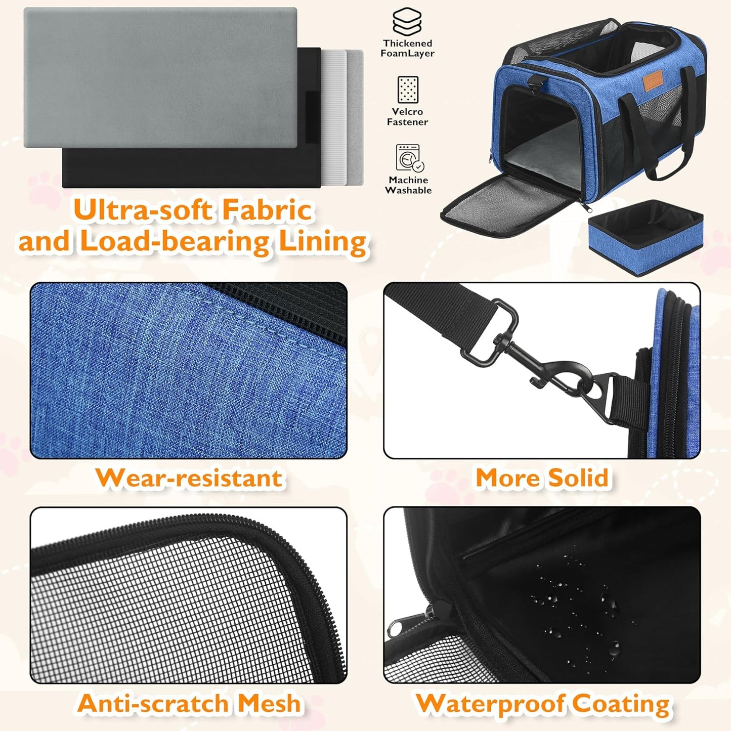 PETUX TSA Approved Pet Carrier in Cabin, 17"x11"x9.5" Soft Cat Carriers for Small Cats up to 12 lb, Top-Open Portable Dog Carrier with Litter Box and Anti-Scratch Mesh for Puppy up to 10 lb (Blue)