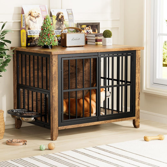 Lulive Dog Crate Furniture, Wooden Dog Kennel Indoor with Adjustable 360°& Height Dog Bowls, Double Doors Furniture Dog Crates End Table for Small/Medium 31.5" L*22.5" W*25.6" H, Brown