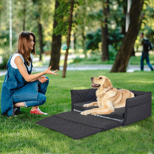 Dog Car Seat for Large/Medium Pet, Anti Slip Bottom Dogs Booster Seat for All Seasons,Pet Travel Bed with Thick Dog Sofa Cushion,2 Safety Leashes(Black)