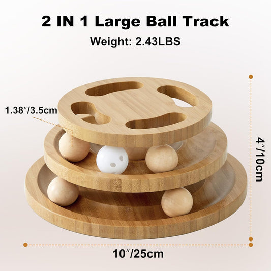 Cat Ball Track Toy with Puzzle Top, Wooden Cat Toys for Indoor Cats with Spinning Balls, Interactive Large Cat Ball Tower for Kitten Exercise Mental Physical