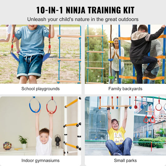 VEVOR Ninja Warrior Obstacle Course for Kids, 2 x 60 ft Weatherproof Slacklines, 500lbs Weight Capacity Monkey Line, Outdoor Playset Equipment, Backyard Toys Training Equipment Set with 14 Obstacles