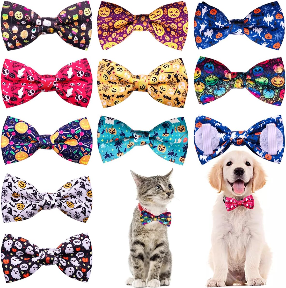 PET SHOW 10pcs Halloween Small Dog Bow Ties for Medium Dogs Puppies Rabbit Cat Detachable Bowties with Elastic Bands Attach to Collar Pet Grooming Collar Attachment Accessories