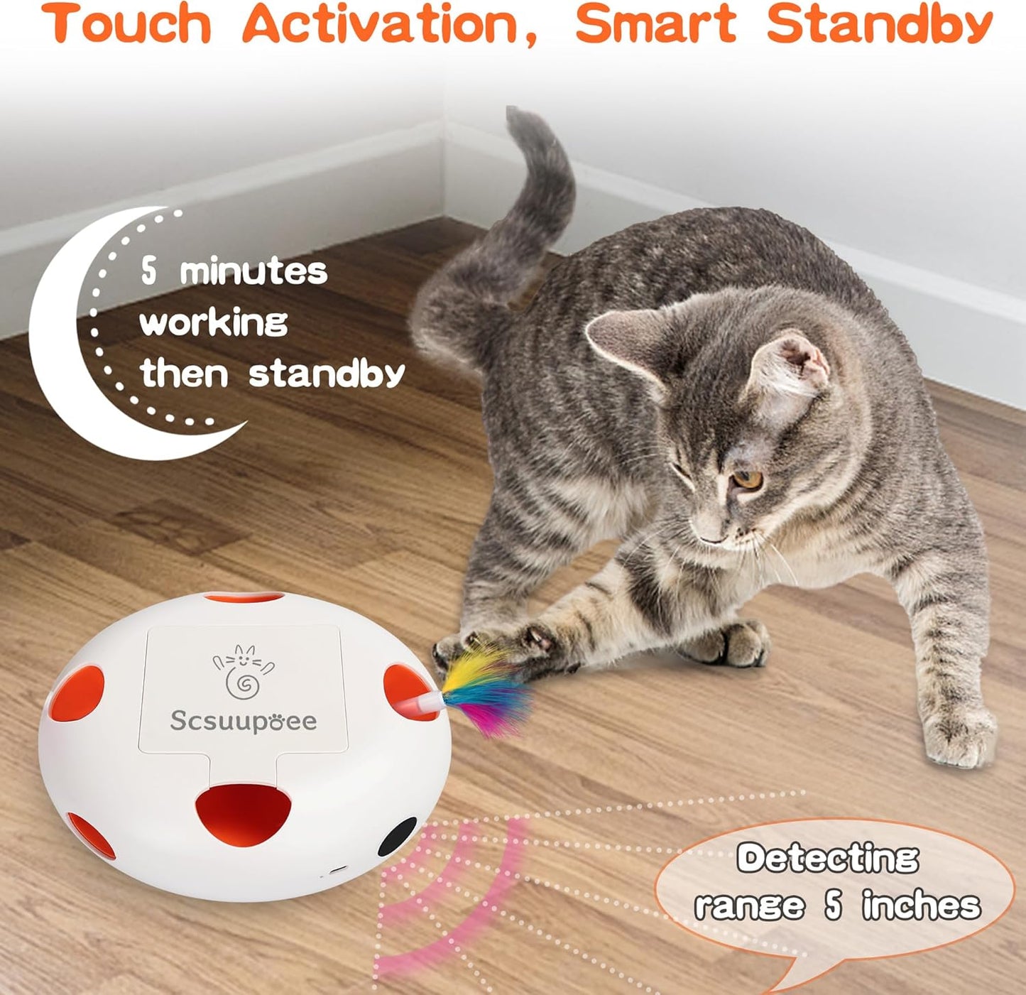 Interactive Cat Toy, Electric Cat Toys for Moving Concealed Feathers, Smart Sensor 7 Holes Whack a Mole Feather Toy, USB Charge Automatic Kitten Toys,White