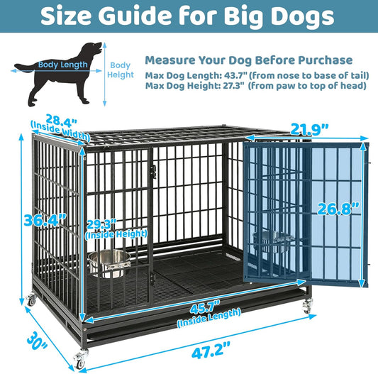 48 Inch Heavy Duty Dog Crate, Indestructible Escape Proof Big Cage for High Anxiety Large Dogs, Stackable & Collapsible XL Dog Kennel Indoor with Wheels,Dual Trays,Adjustable Bowl,Top Access