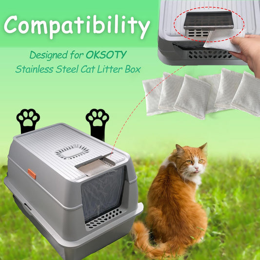 Activated Charcoal Odor Absorber Bags Compatible with OKSOTY Stainless Steel Cat Litter Box, Natural Coconut shell Charcoal Bags, Absorb Odors/Control Damp from Pets/Keep Home Fresh（6PCS）