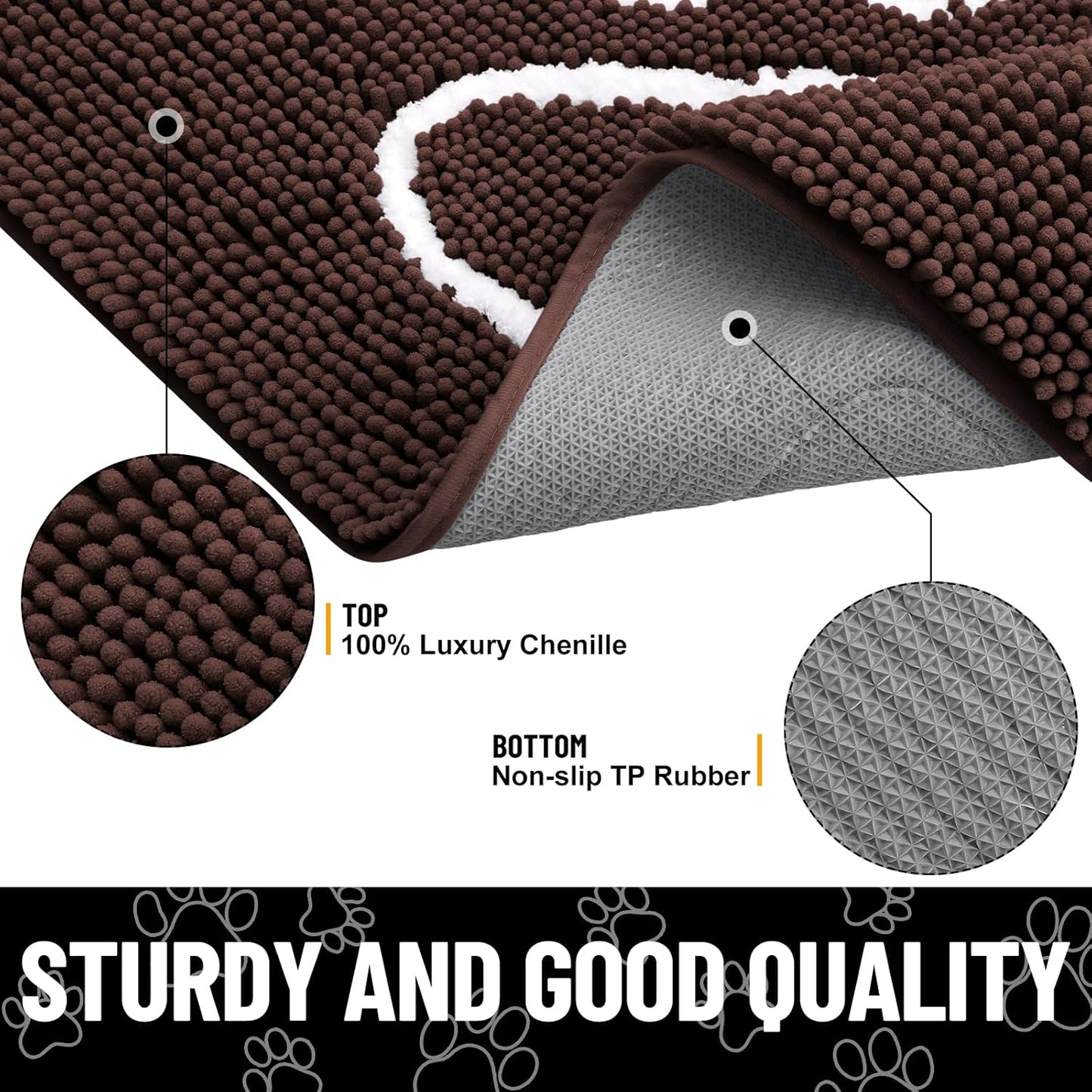 Smiry Dog Door Mat for Muddy Paws, Absorbent Dirt Trapper Non Slip Quick Dry Washable Chenille Mat for Mud Dogs, Entry Rug for Indoor and Outdoor (47x24 Inches, Brown and White)