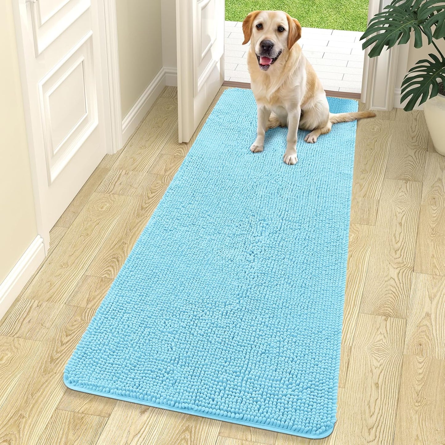 OLANLY Dog Door Mat for Muddy Paws 70x24, Absorbs Moisture and Dirt, Absorbent Non-Slip Washable Doormat, Quick Dry Chenille Mud Mat for Dogs, Entry Indoor Entryway Carpet for Inside Floor, Blue