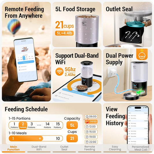 5L Automatic Cat Feeder with Sealed Outlet: 5G WiFi Automatic Dog Feeder with APP Control, Auto Cat Food Dispenser with Voice Recording for Pets, Detachable for Easy Clean - 21 Cup