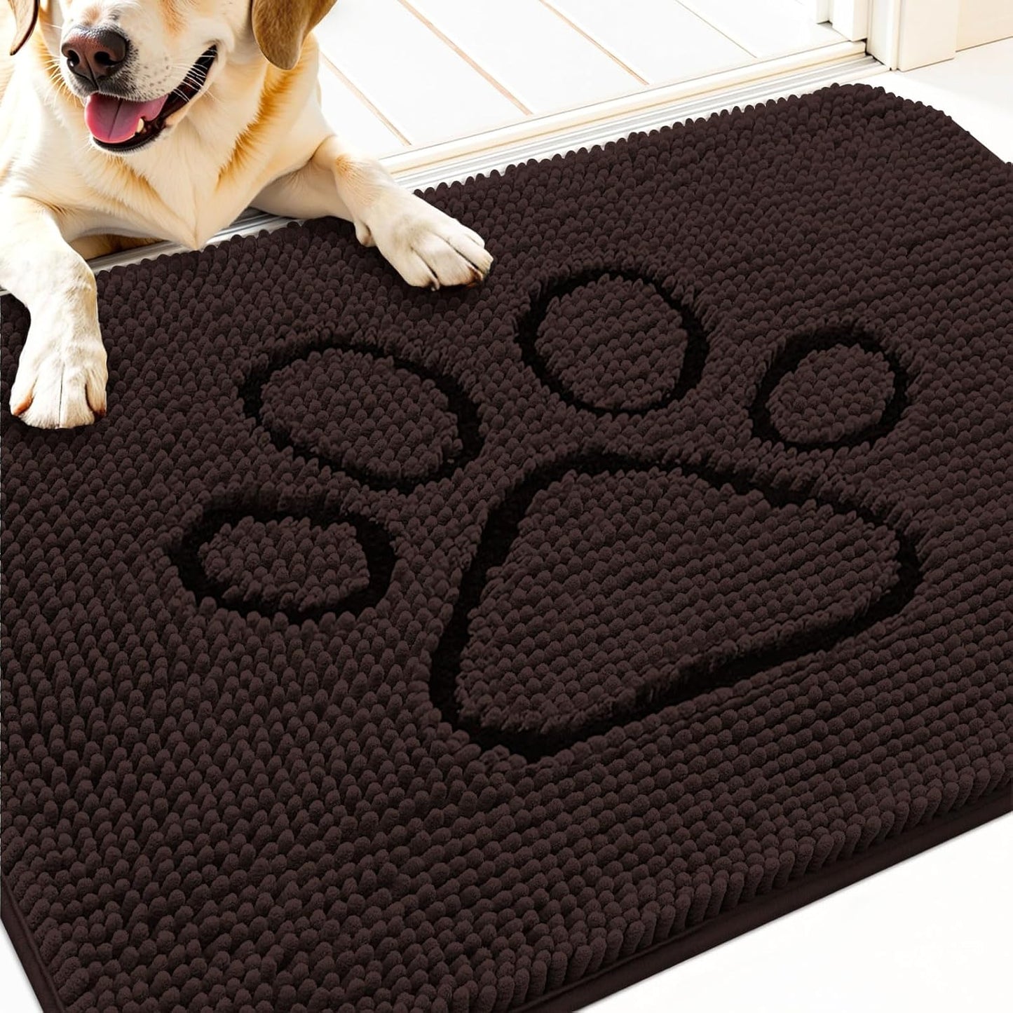 OLANLY Door Mat for Muddy Dog Paws 30x20, Absorbent Chenille Mud Doormat with Paw Print Design, Non-Slip Washable Doormat for Indoor Entryway, Quick-Dry Pet Bed Mats for Dirty Dogs, Brown and Black