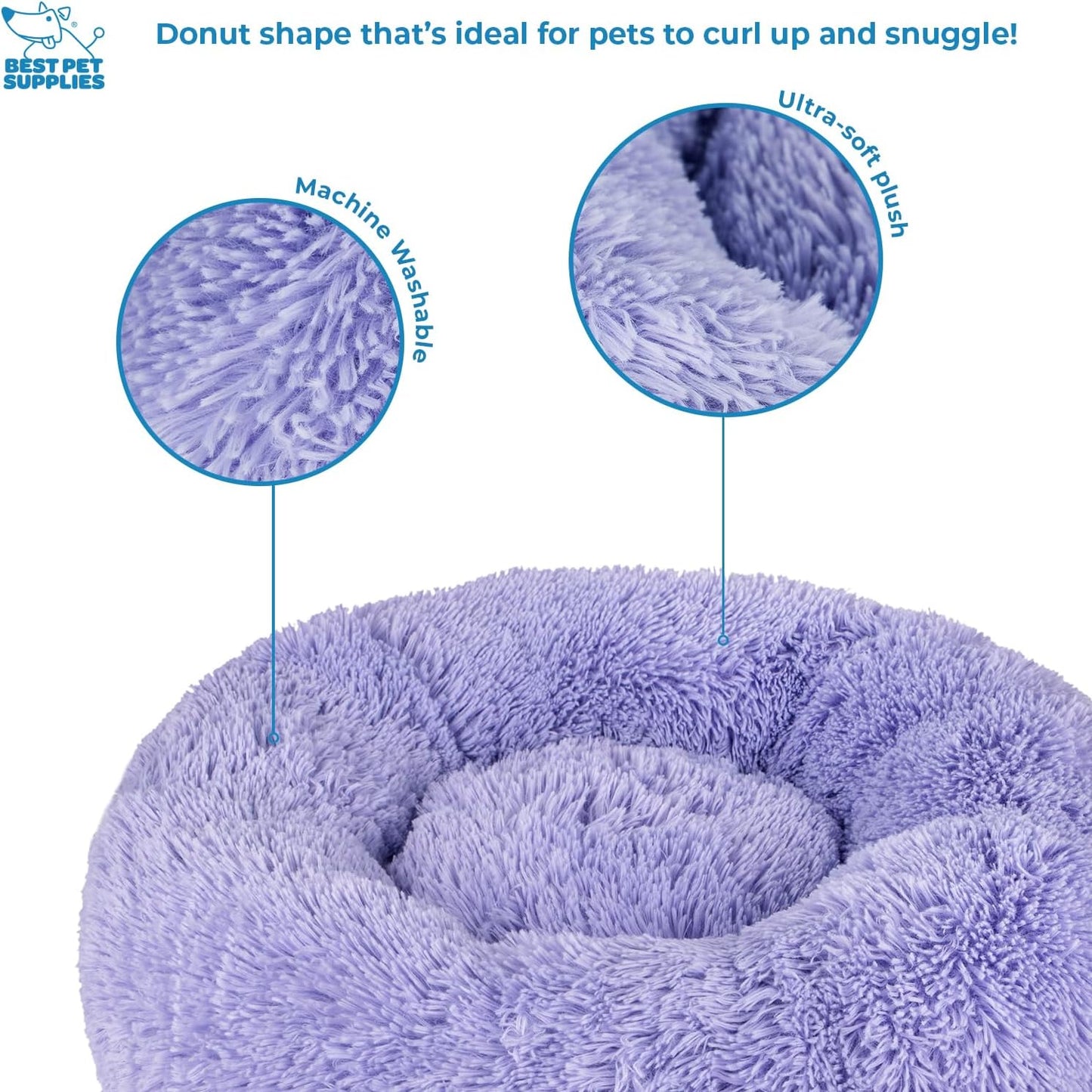 Best Pet Supplies Round Donut Dog Bed with Plush Faux Fur Fabric, Calming, Anti-Anxiety Cushion for Indoor Pets, Slip-Resistant Base, Soft Ergonomic Support - Lavender, 27x27x7.5''