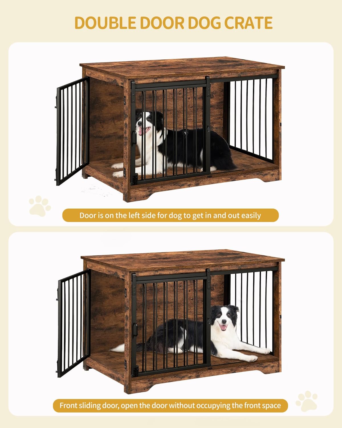 39.3" Dog Crate Furniture with Barn Door, Heavy Duty Dog Kennel Indoor with 2 Doors, Wooden Pet Cage End Table for Large Small Medium Dogs, Anti-Chew Anti-Escape, Rustic Brown DFC02301B