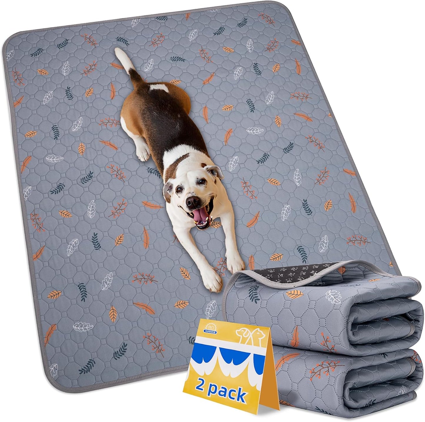 Sunheir Washable Pee Pads for Dogs 2-Pack Reusable Puppy Pads Pet Training Pads, Waterproof Dog Pee Pads for Crate, Whelping Pad, Non-Slip Protects Against Urine Leakage (Leaves - Light Grey, 24x36)