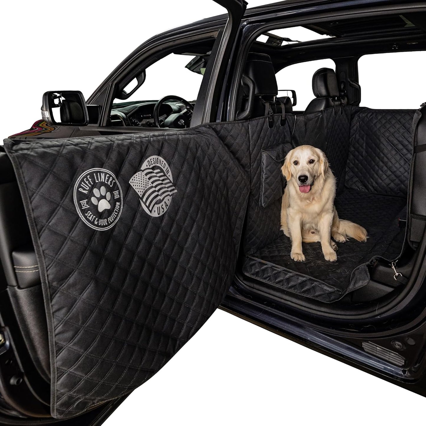 Ruff Liners XL Floor Cover with Door Protection, Black – As Seen on Shark Tank – Fits Full‑Size Crew Cab Trucks with Fold‑Up Seats, Waterproof & Machine Washable – Sturdy XL Dog Hammock for Truck
