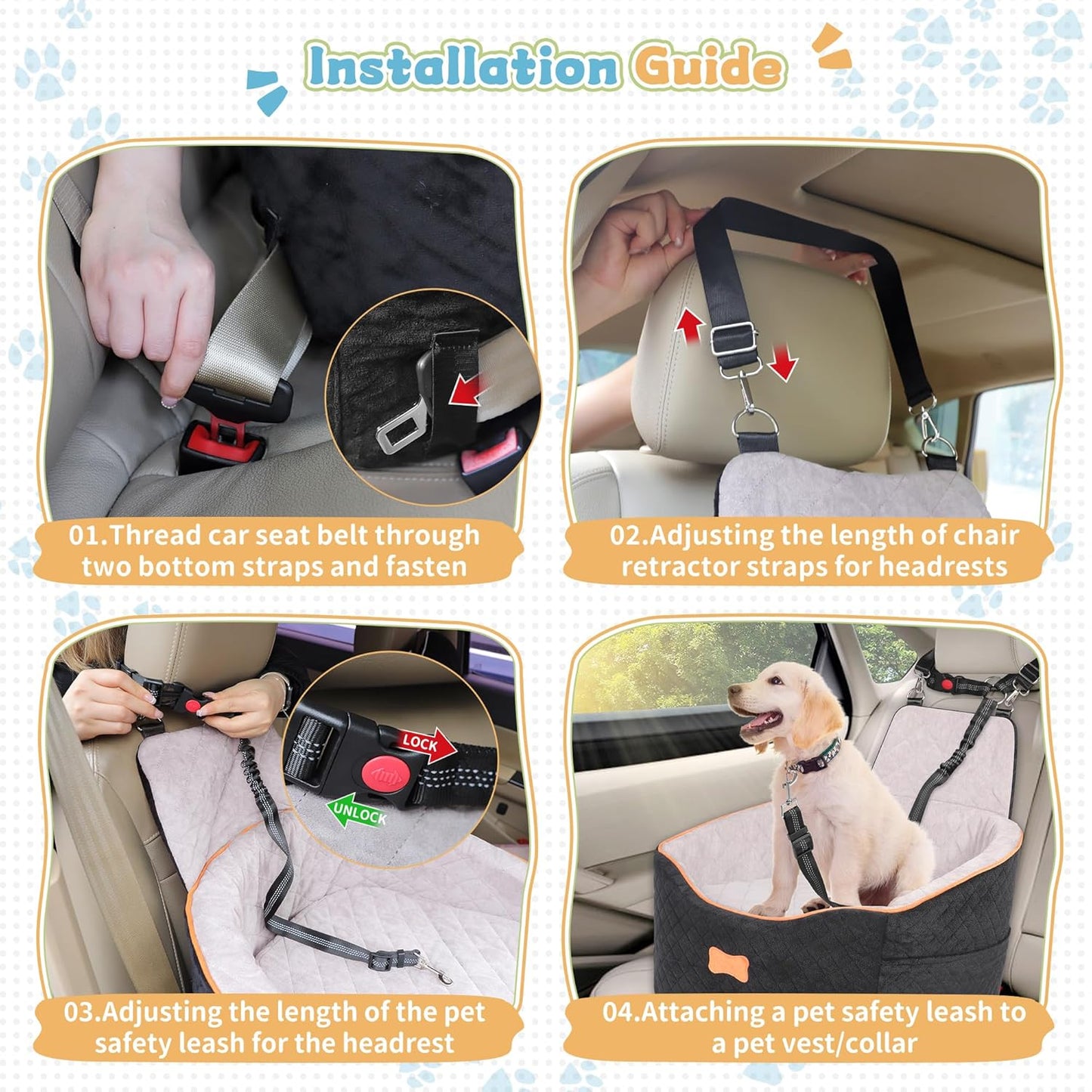 COCASES Dog Car Seats for Small Medium Dogs, Height-Adjustable Dog Booster Car Seat, Detachable and Washable Car Dog Bed with Seat Belt for Pet Under 35lbs Car Trip