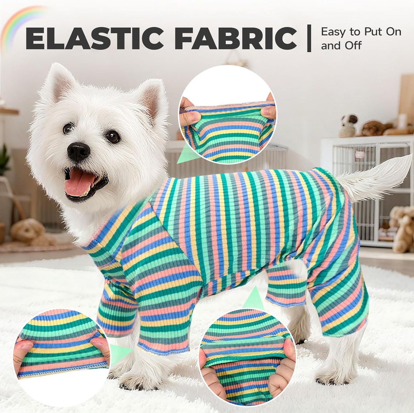 BAEJMJK Striped Dog Pajamas Stretchy Cute Four-Legged Boy Girl Dog Clothes with Sleeves Comfortable Dogs Jumpsuit Colorful Pet Puppy Outfits Apparel for Small Medium Dogs Cats(Green,Large)