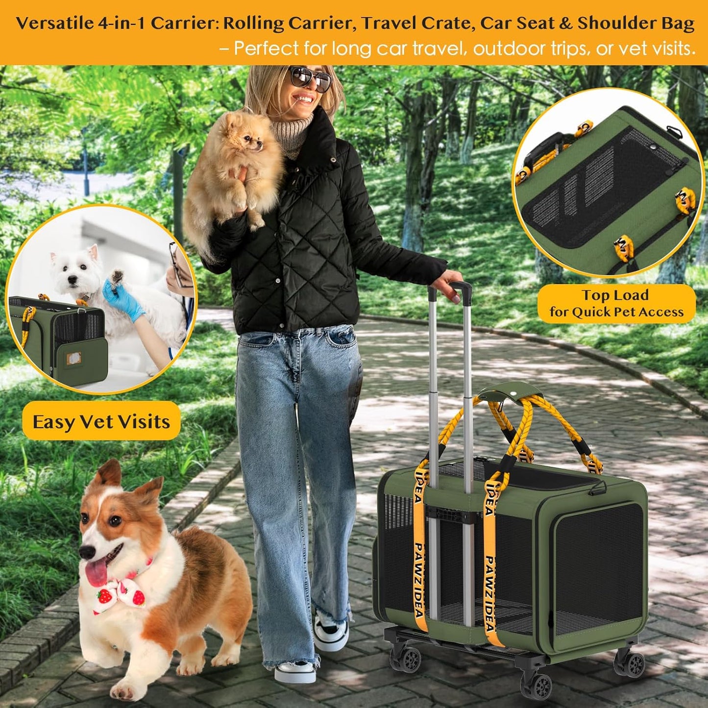 PAWZIDEA Expandable Pet Carrier with Wheels, 24x16x16in Large Cat Carrier for 2 Cats, Soft-Sided Dog Carriers for Small Medium Dog, Collapsible Rolling Travel Bag w/Telescopic Handle, XL Stroage Bag