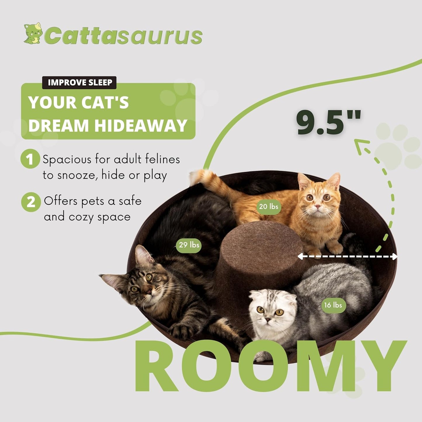 Cattasaurus Peekaboo Cat Cave for Multiple & Large Cats Up to 30-45 Lbs, Scratch Detachable & Washable Tunnel Bed, Comfy Donut Cat Cave (Brown, Jumbo)