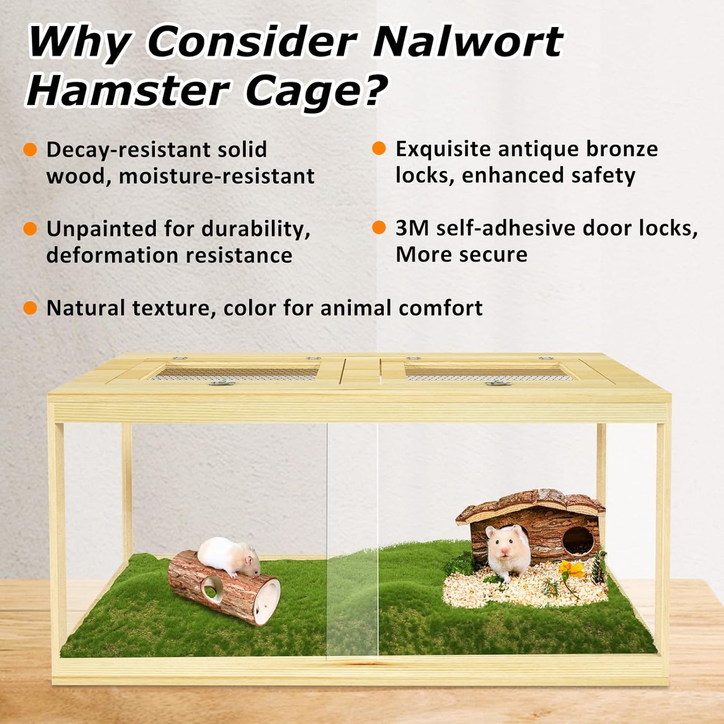 Large Hamster Cage 40", Lockable Sliding Door Gerbil Cage, Dwarf Hamster Cage with Metal Mesh Roof, Mice and Rat Habitat, Chewproof Syrian Hamster Enclosure, (Wooden, 40" L x 20" W x 20" H)