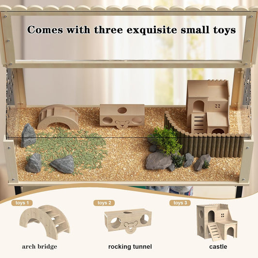 31inch Hamster cage Wooden with Acrylic, Dwarf Hamster cage, Small Animal Habitat with Openable Top, Mouse cage for Guinea Pigs, Chinchillas, Gerbil, Syrian Hamster (31inch with Storage Shelf)