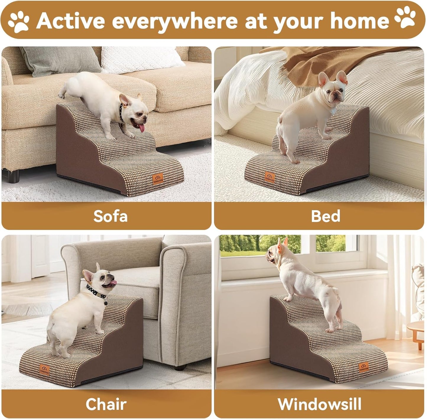 Dog Ramp and Stair for Bed 16" H-20 H,3-Step Cat Stair for Sofa and Chair,4-Step Dog Ramp for High Bed and Window,Durable Nonslip Fabric Cover for Indoor (Coffee-16 H, Pet Friendly, 3)