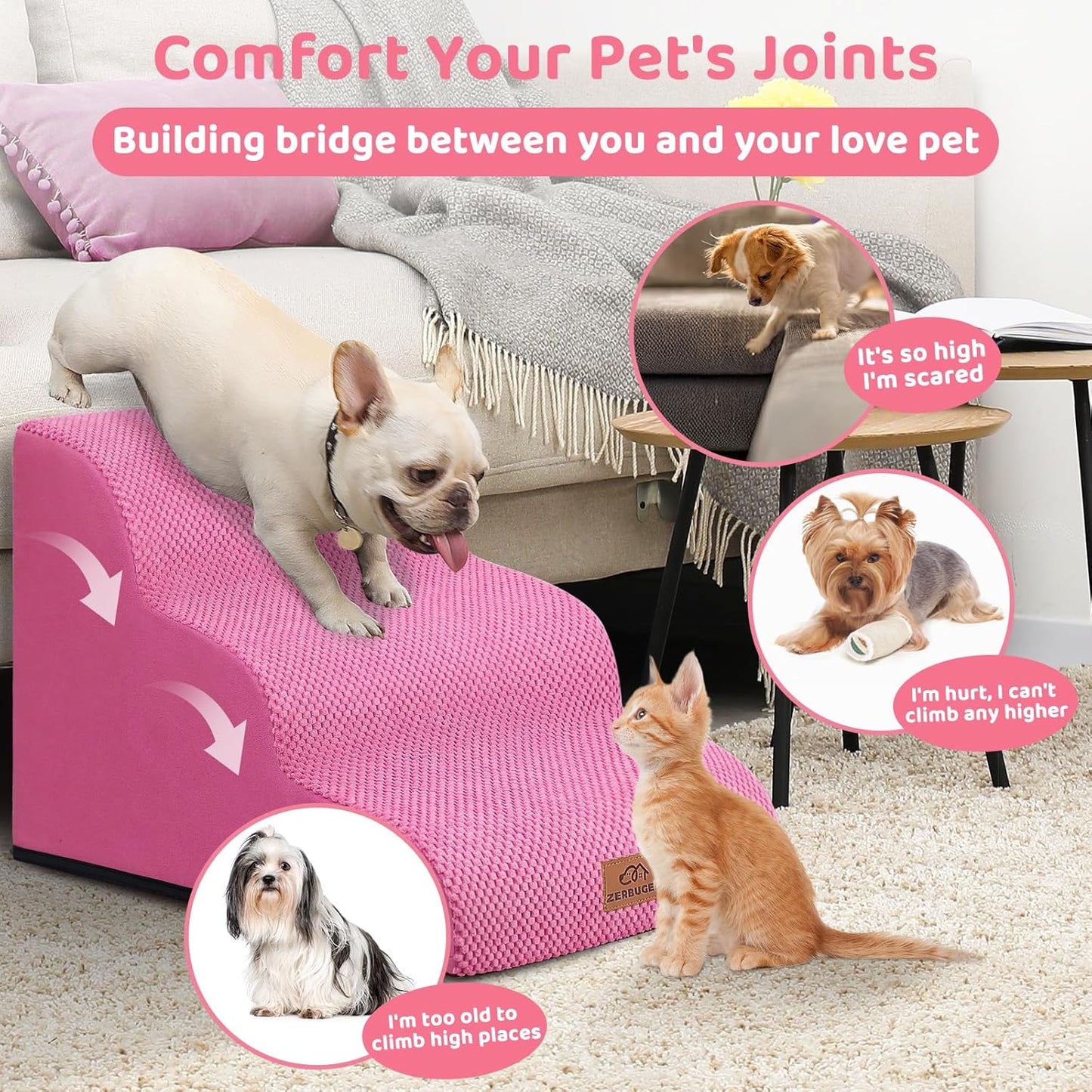 Dog Ramp and Stair for Bed 16" H-20 H,3-Step Cat Stair for Sofa and Chair,4-Step Dog Ramp for High Bed and Window,Durable Nonslip Fabric Cover for Indoor (Pink-16 H, Pet Friendly, 3)