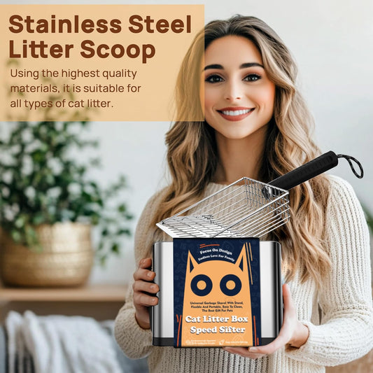 Heavy Duty Stainless Steel Cat Litter Scoop with Holder - Non-Slip Handle, Quick-Sifting Grid & Easy to Clean