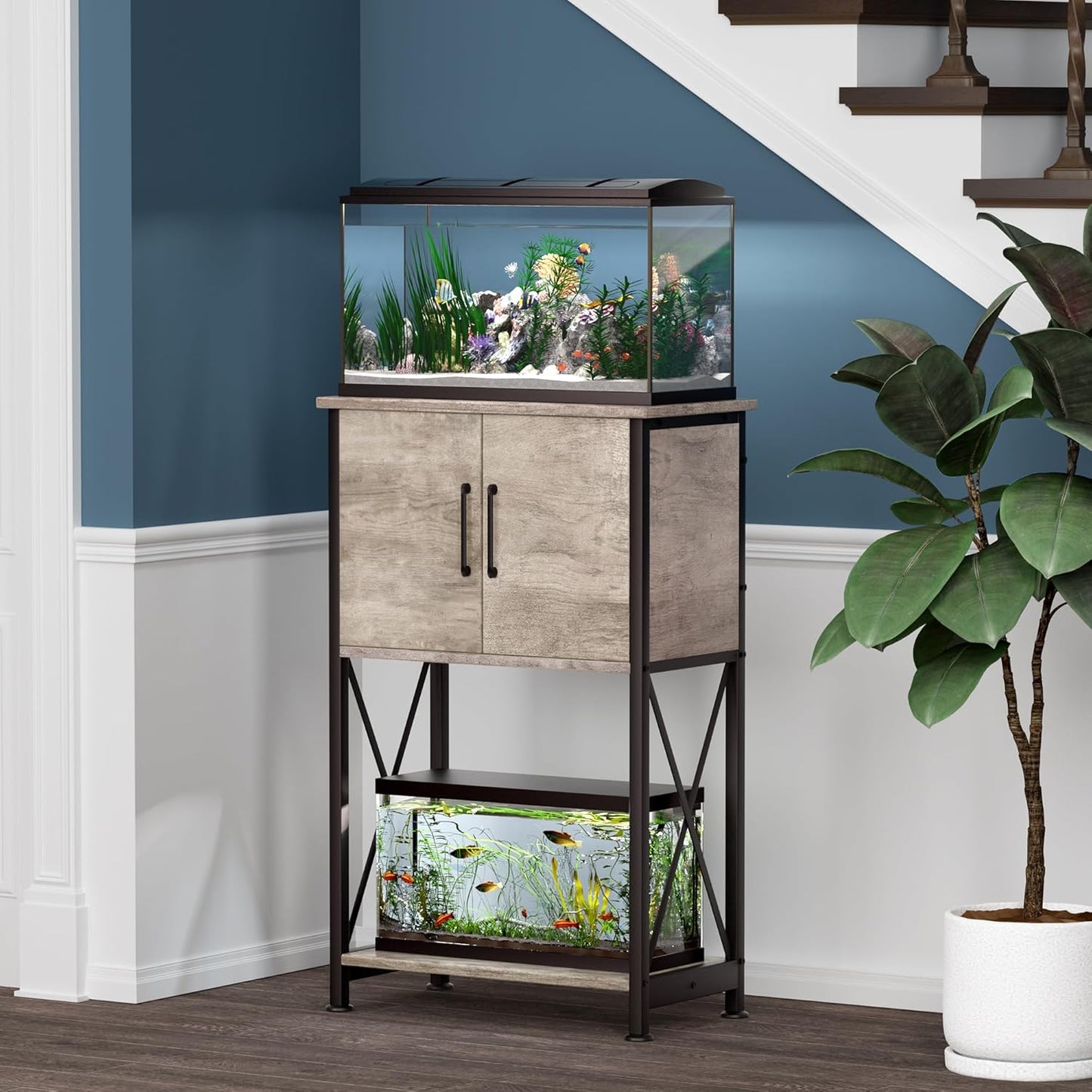 5-10 Gallon Fish Tank Stand, Metal Double Aquarium Stand with Cabinet for Fish Tank Accessories Storage, Heavy Duty 20.5" L* 11.02" W Tabletop, 500LBS Capacity Grey PG06YGZ