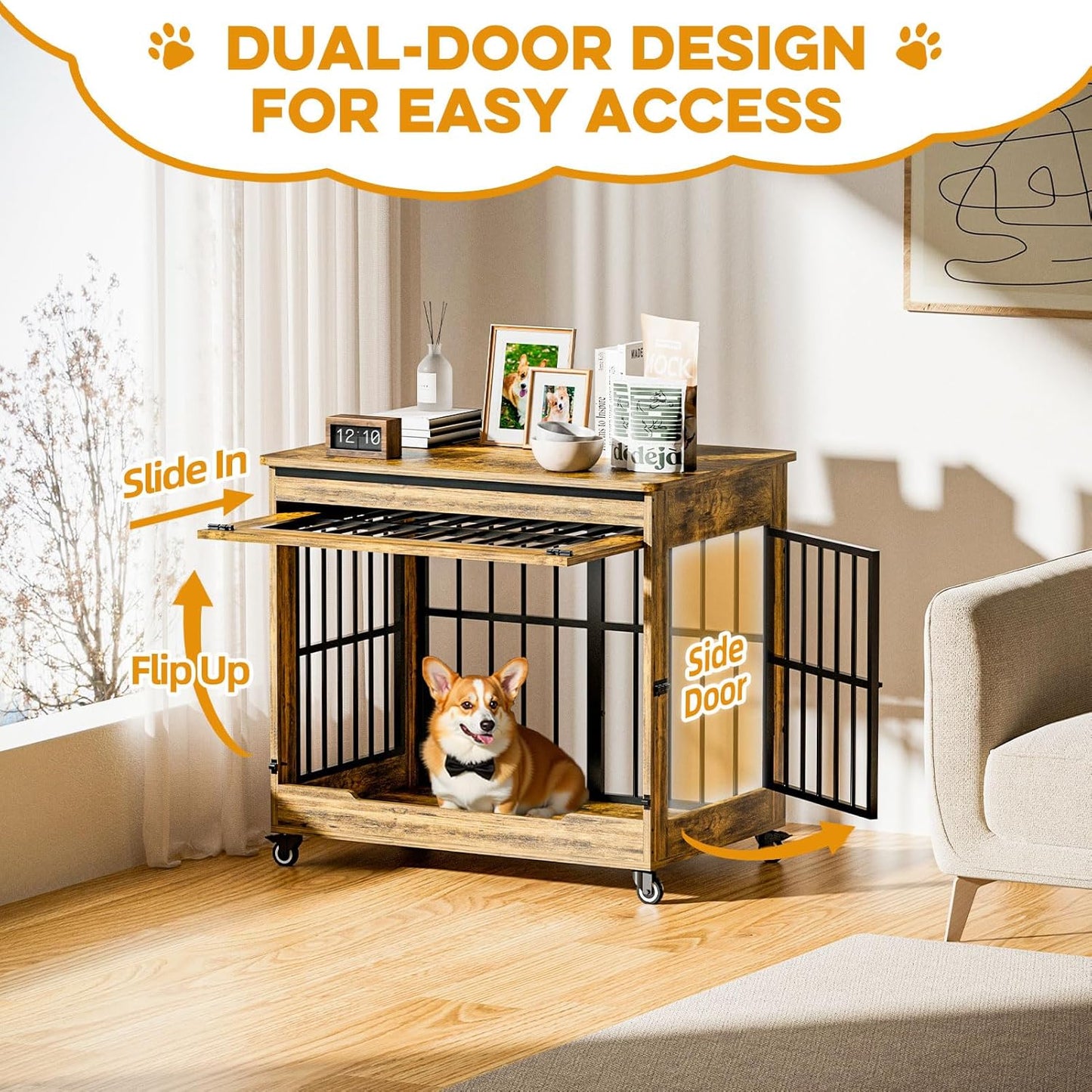 32" Dog Crate Furniture, Double Door Wooden Indoor Dog Kennel Furniture, Decorative Pet Cage End Table with Wheels for Medium and Small Breed Dogs, Size M, Rustic Brown