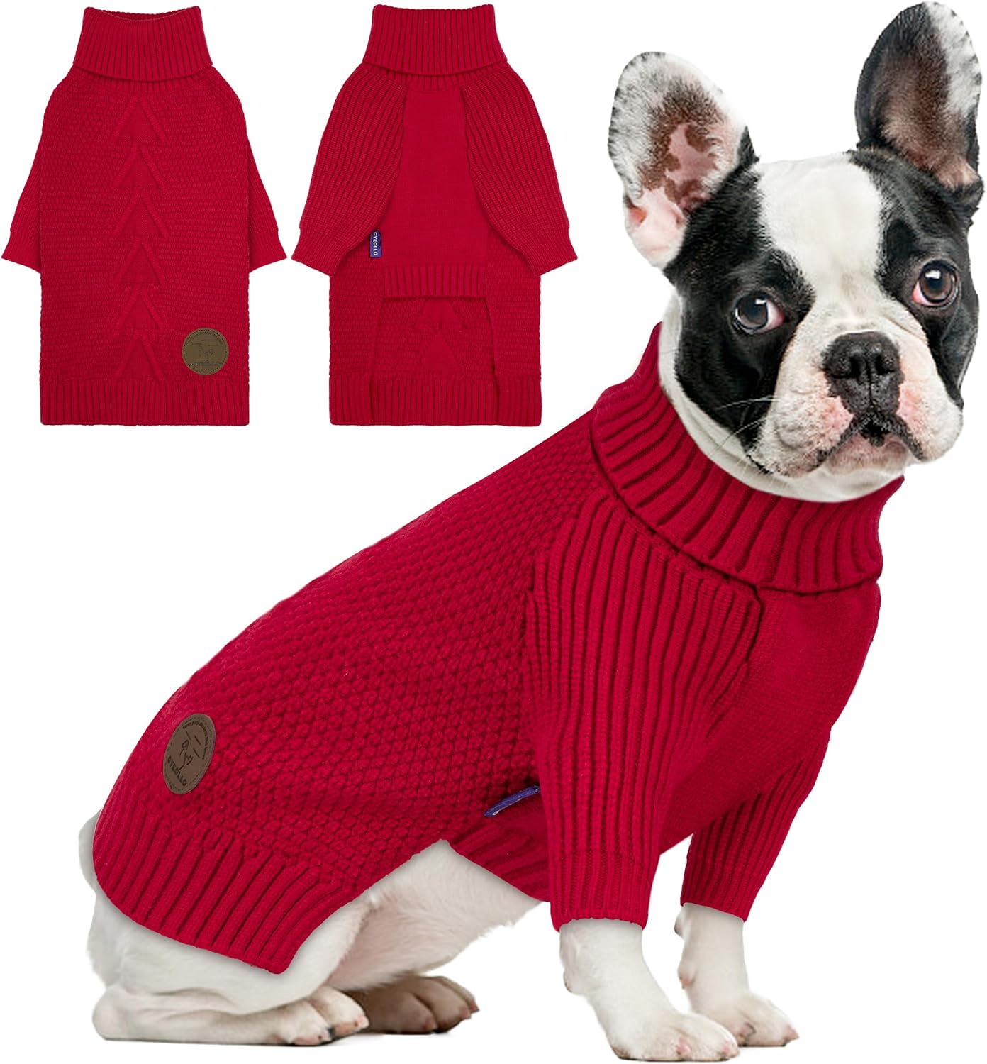 cyeollo Dog Sweaters for Small Dogs Boy, Pullover Turtleneck for Dogs Female, Knitted Doggy Fall Winter Warm Cold Weather Dog Clothes Apparel with Sleeves, Red L
