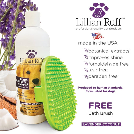 Lillian Ruff High Concentrate Professional Grooming Shampoo for Dogs with Hydrating Essential Oils – 30:1 Concentration for Bathing System - Clean, Condition, & Deodorize Dry, Sensitive Skin W/Brush