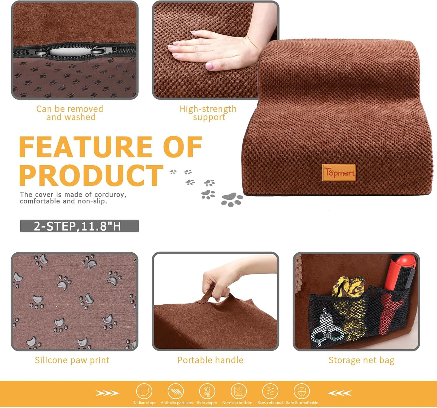 Topmart High Density Foam Pet Steps 2 Tiers,11.8" High,Non-Slip Dog Stairs & Ramp,Soft Foam Dog Ladder,Best for Injured,Older Cats,Pets with Joint Pain,Suitable for Low Sofas,Stairs,Lower Place