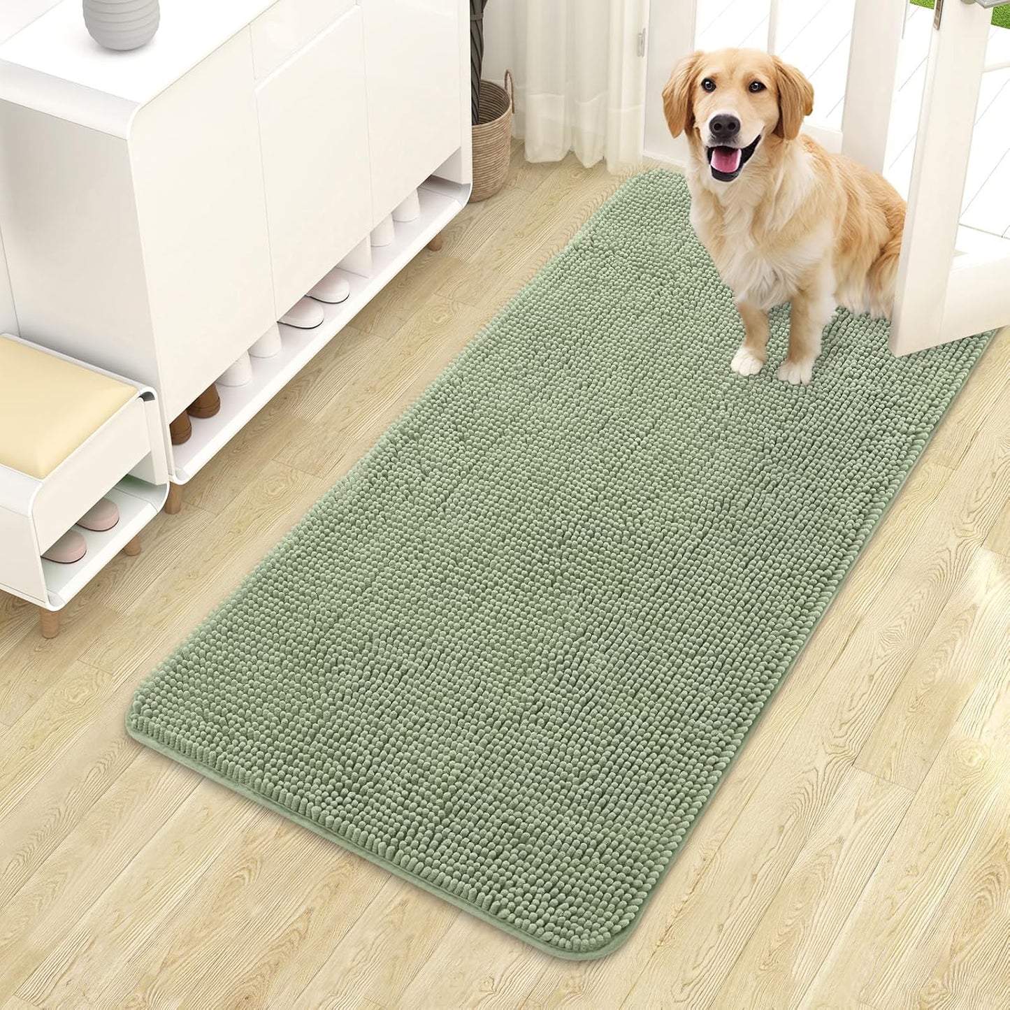 OLANLY Dog Door Mat for Muddy Paws 44x24, Absorbs Moisture and Dirt, Absorbent Non-Slip Washable Doormat, Quick Dry Chenille Mud Mat for Dogs, Entry Indoor Entryway Carpet for Inside Floor, Sage Green