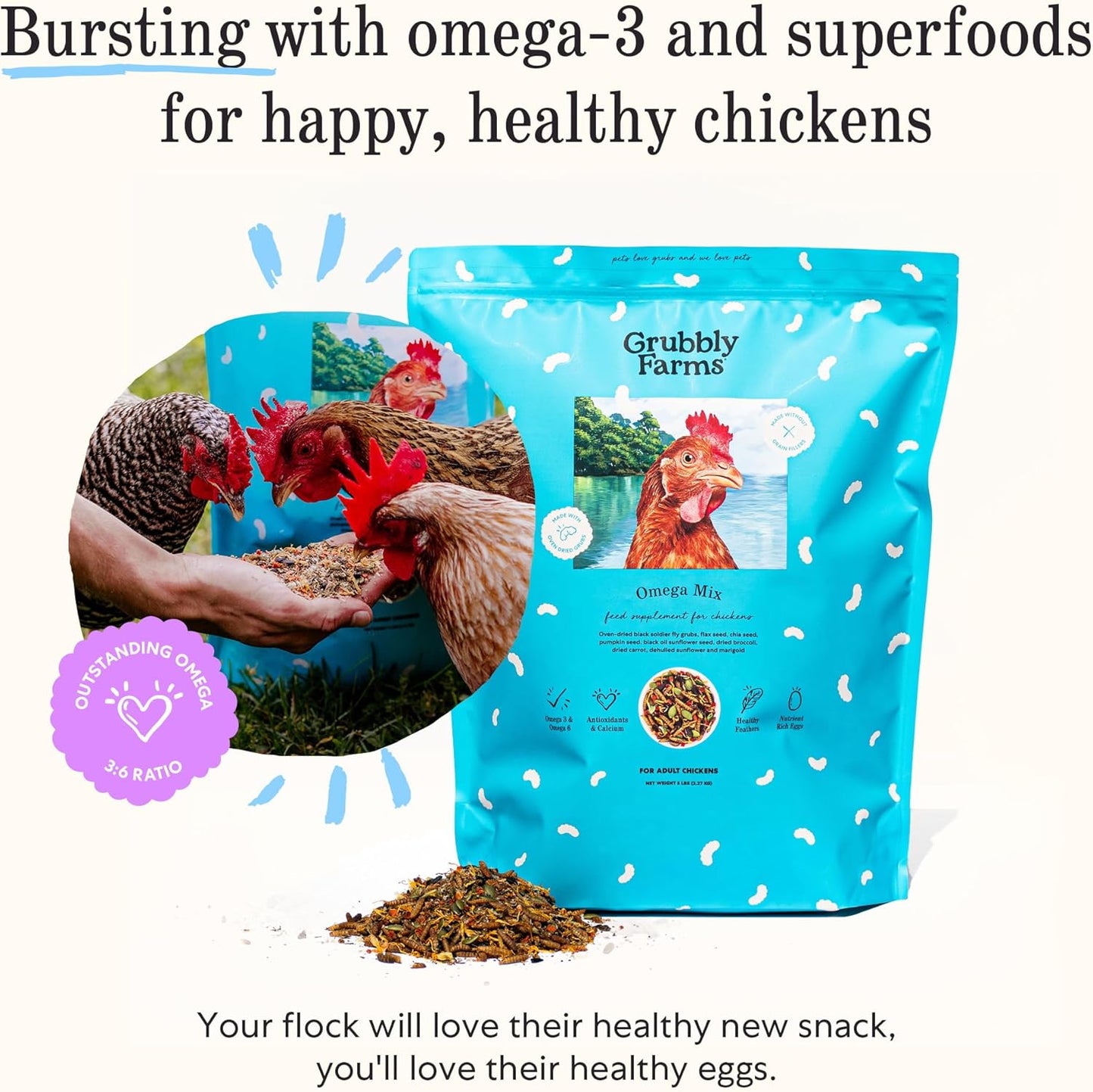 Grubbly Farms Omega Mix Chicken Treats for Laying Hens - Superfood and Omega-Rich Chicken Feed Supplement to Support Egg Production, Strong Eggshells and Nutritious Yolks - 5LB