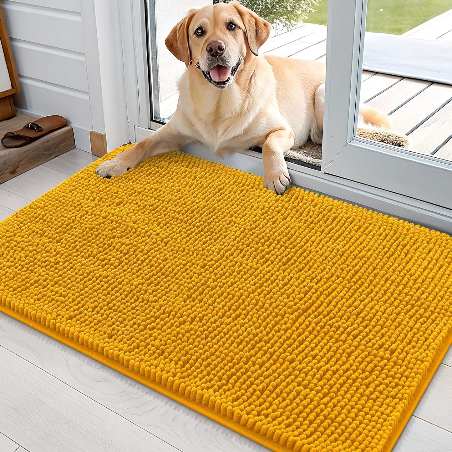 OLANLY Dog Door Mat for Muddy Paws 36x24, Absorbs Moisture and Dirt, Absorbent Non-Slip Washable Doormat, Quick Dry Chenille Mud Mat, Entry Indoor Entryway Carpet for Inside Floor, Golden Yellow