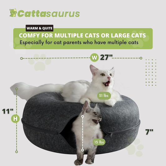 CATTASAURUS Peekaboo Cat Cave for Multiple & Large Cats Up to 30-45 Lbs, Scratch Detachable & Washable Tunnel Bed, Comfy Donut Cat Cave (Dark Gray, Jumbo)